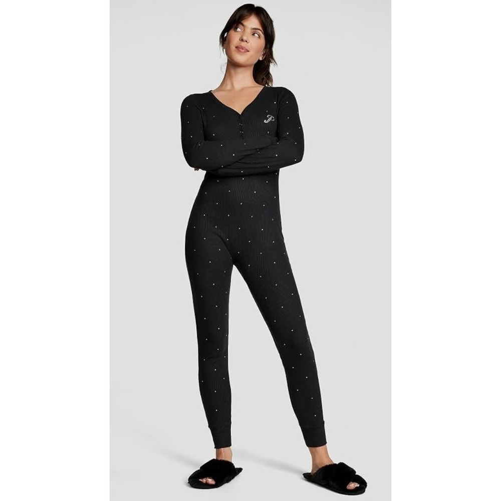 Victorias Secret PINK Bling Thermal Onesie Pajamas L Black Long Jane Union Suit